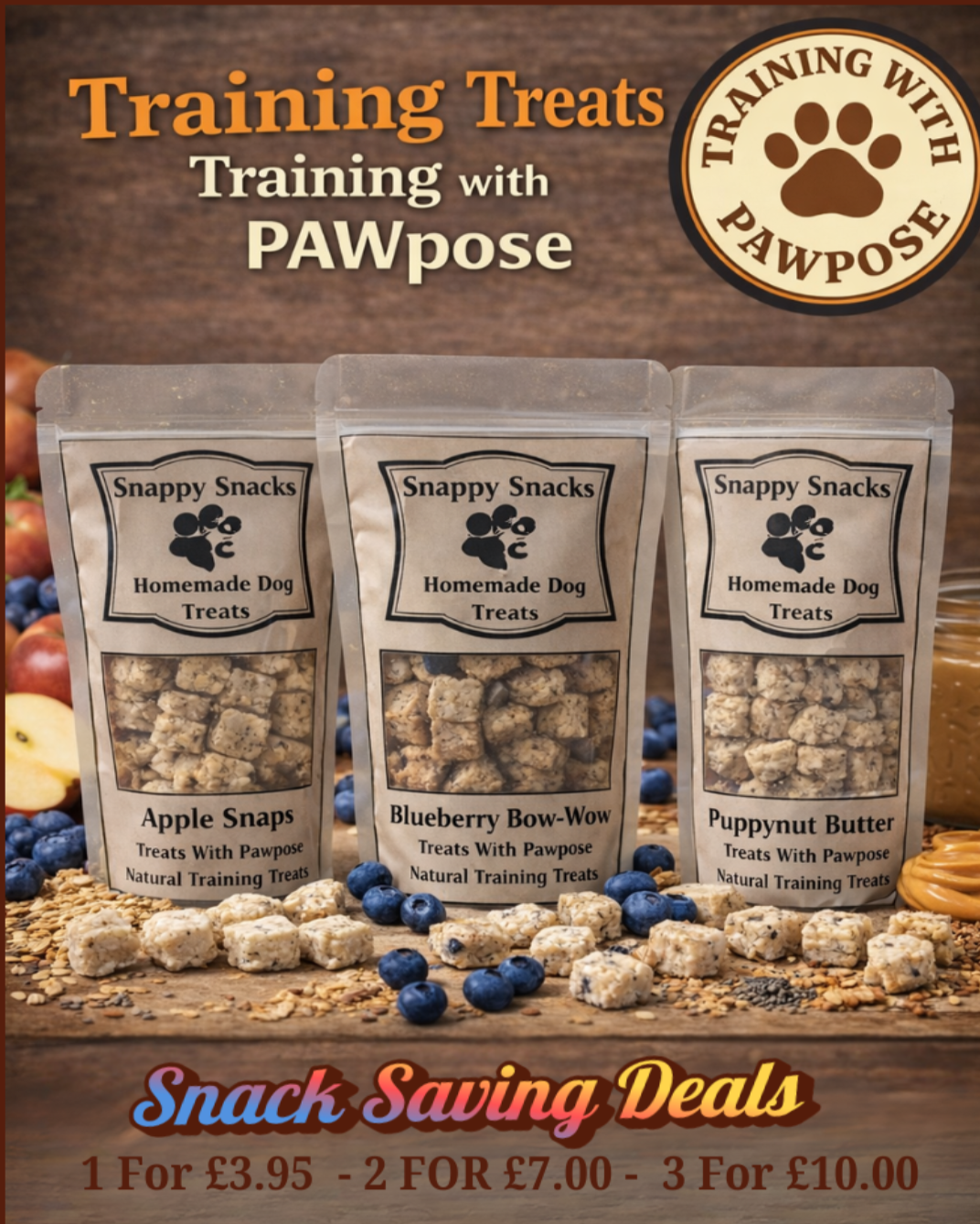 Snack packages labeled 'Snappy Snacks' with treats and fruits on a wooden surface, featuring 'Training with PAWpose' branding.